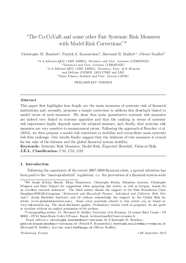 First page of “The Co-CoVaR and some other Fair Systemic Risk Measures with Model Risk Corrections" ✌”