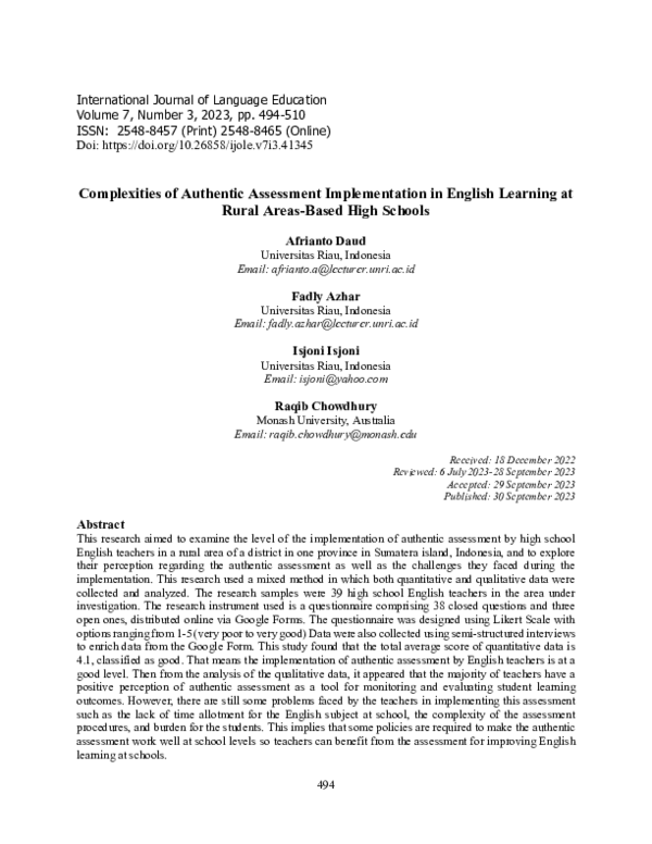 (PDF) Complexities of Authentic Assessment Implementation in English ...