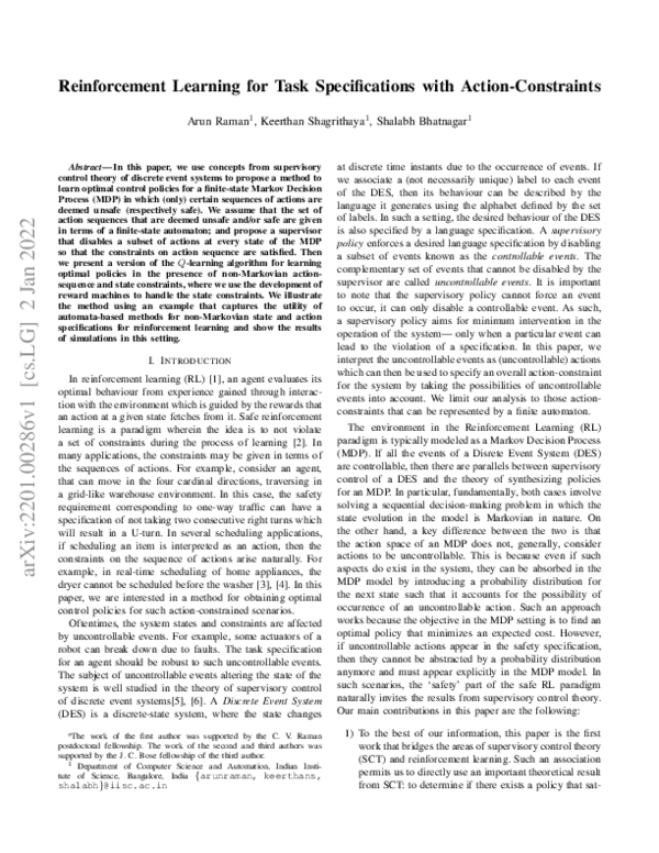 (PDF) Reinforcement Learning for Task Specifications with Action ...