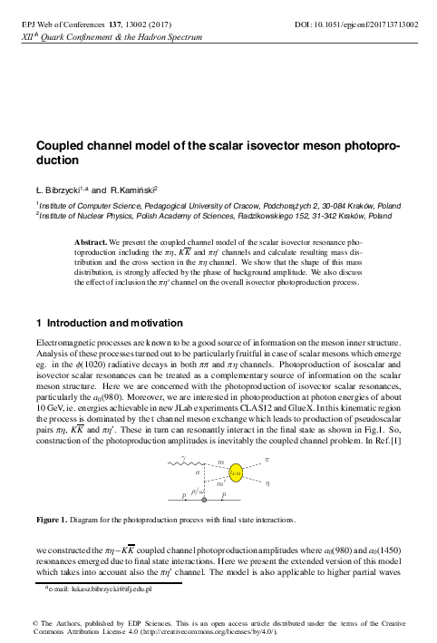 (PDF) Coupled channel model of the scalar isovector meson photoproduction