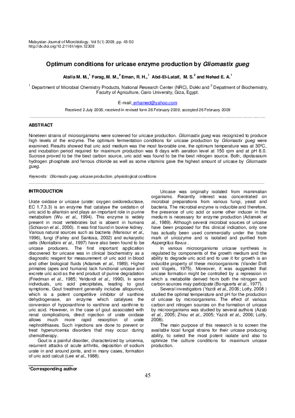(PDF) Optimum conditions for uricase enzyme production by Gliomastix gueg