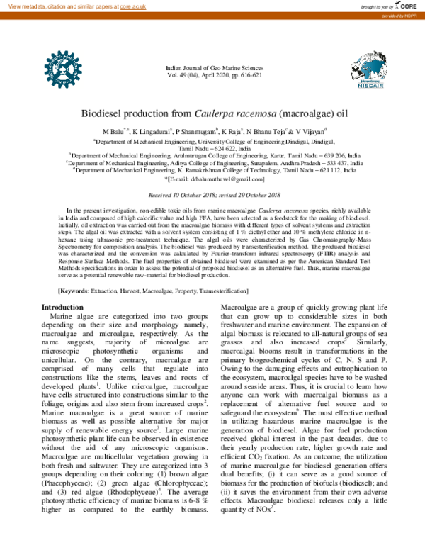 First page of “Biodiesel production from Caulerpa racemosa (macroalgae) oil”