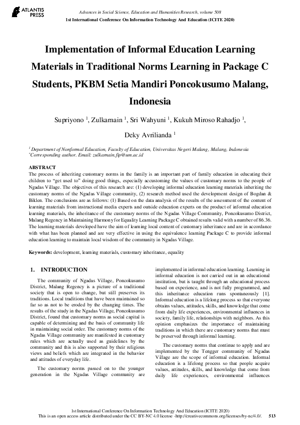 (PDF) Implementation of Informal Education Learning Materials in ...