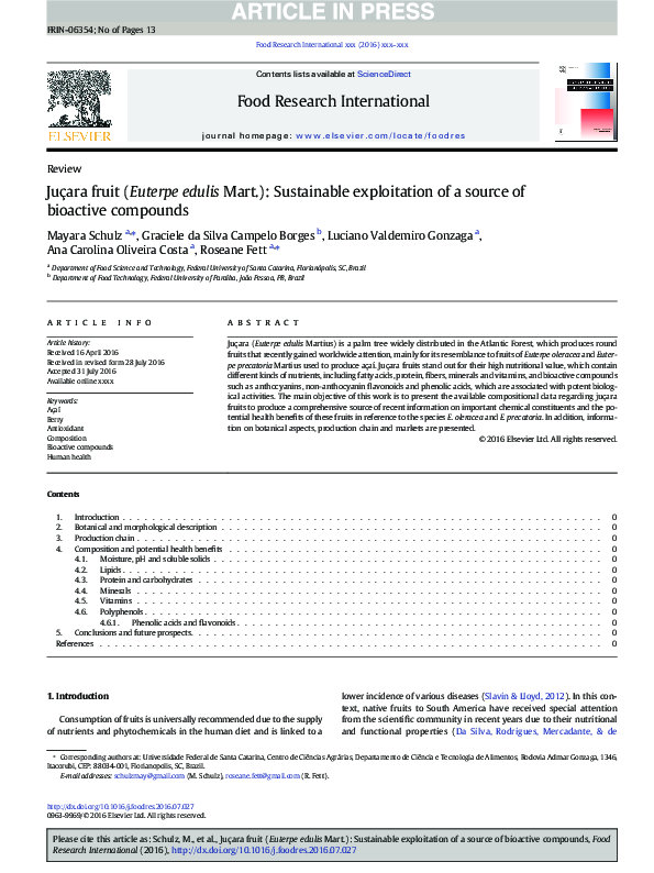 First page of “Juçara fruit ( Euterpe edulis Mart.): Sustainable exploitation of a source of bioactive compounds”