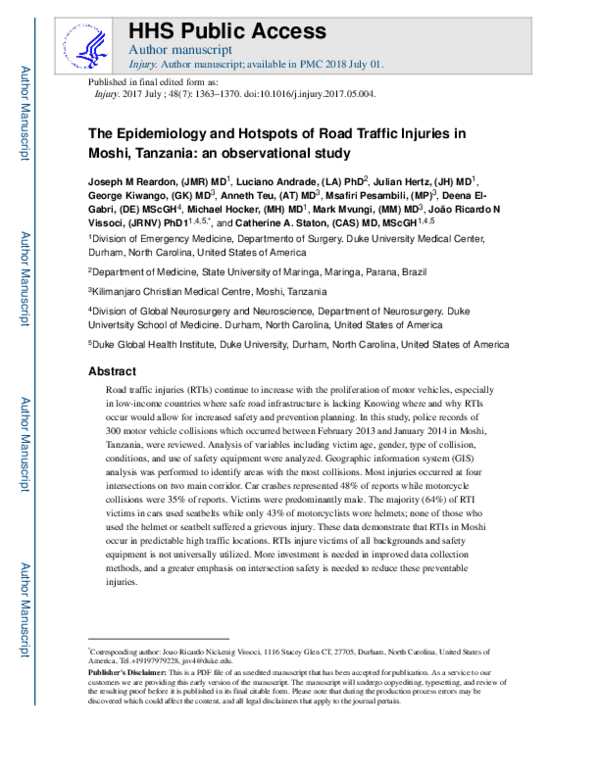(PDF) The epidemiology and hotspots of road traffic injuries in Moshi ...