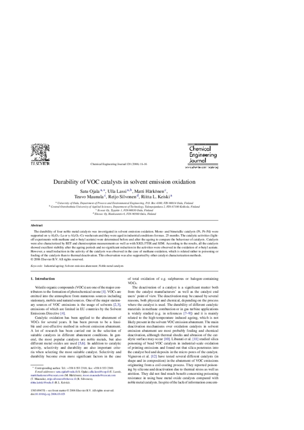 First page of “Durability of VOC catalysts in solvent emission oxidation”