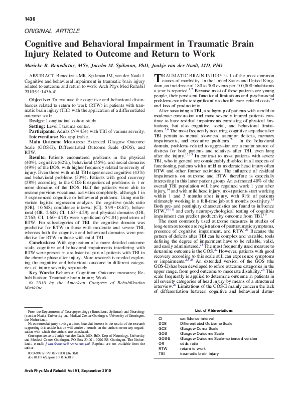 (PDF) Cognitive and Behavioral Impairment in Traumatic Brain Injury ...