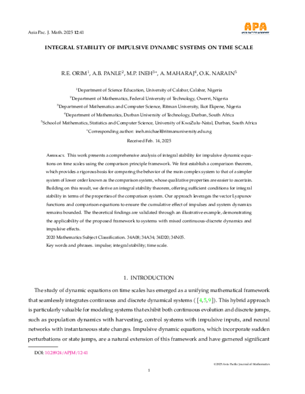 (PDF) INTEGRAL STABILITY OF IMPULSIVE DYNAMIC SYSTEMS ON TIME SCALE