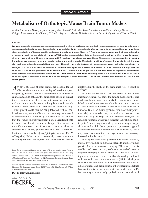 (PDF) Metabolism of Orthotopic Mouse Brain Tumor Models