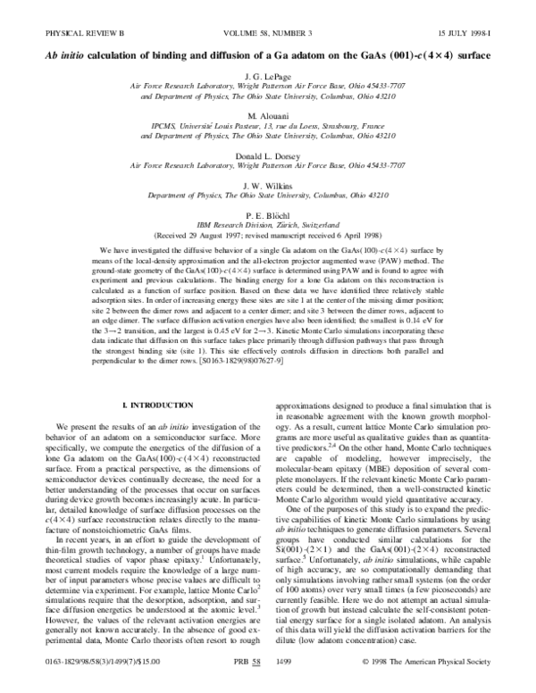 (PDF) Ab initio calculation of binding and diffusion of a Ga adatom on ...