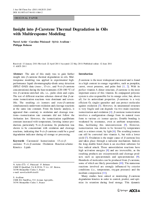 First page of “Insight into β-Carotene Thermal Degradation in Oils with Multiresponse Modeling”