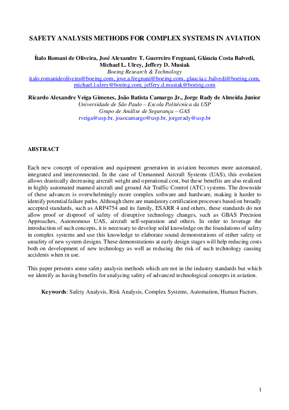 (PDF) Safety Analysis Methods for Complex Systems in Aviation