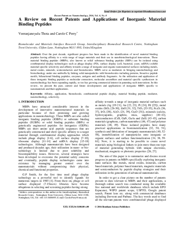 First page of “A Review on Recent Patents and Applications of Inorganic Material Binding Peptides”