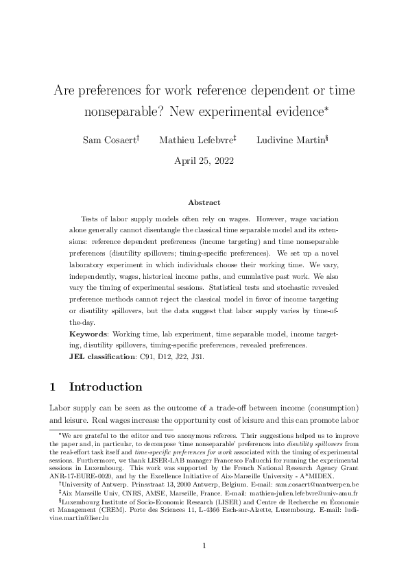 First page of “Are preferences for work reference dependent or time nonseparable? New experimental evidence”