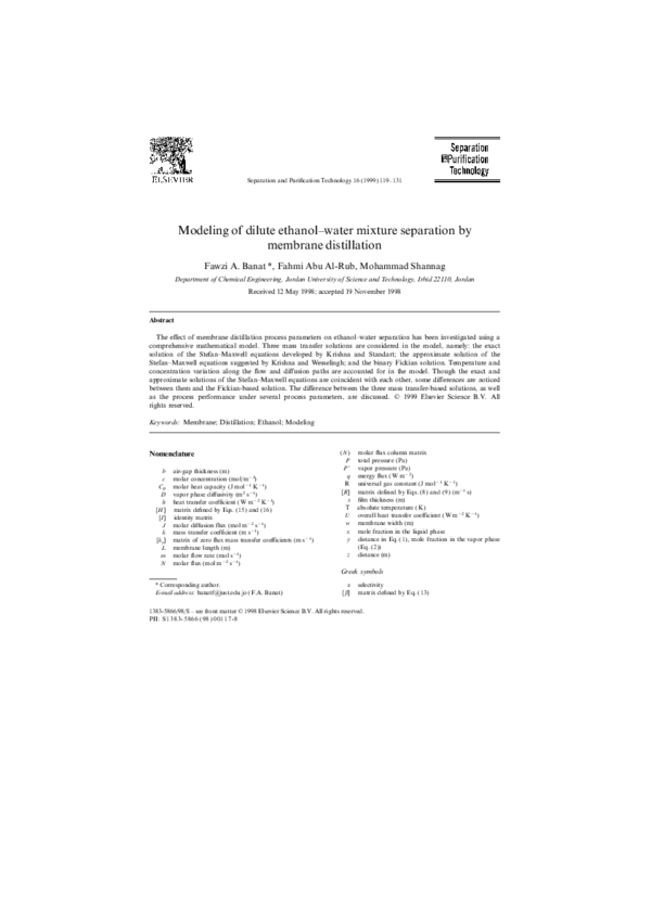 First page of “Modeling of dilute ethanol–water mixture separation by membrane distillation”