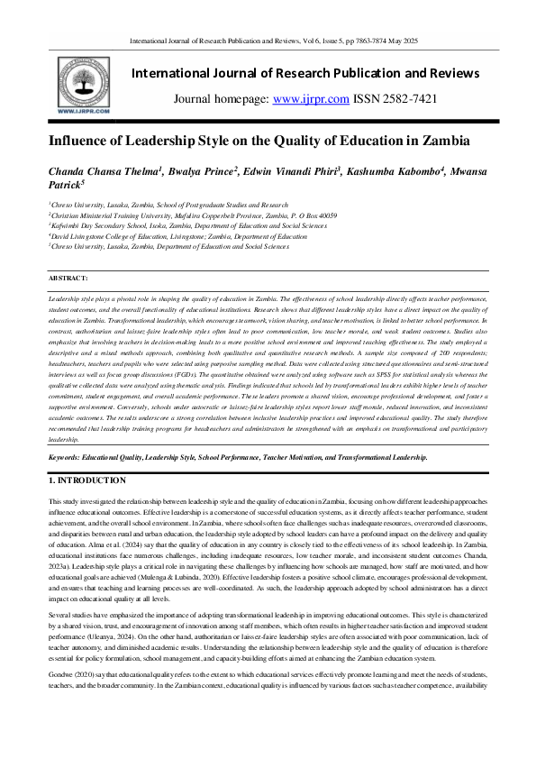 (PDF) Influence of Leadership Style on the Quality of Education in Zambia