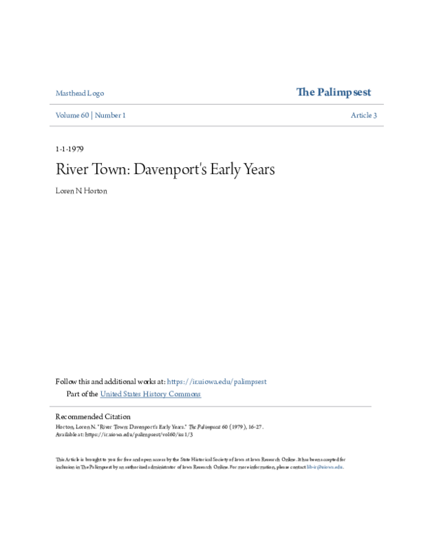 First page of “River Town: Davenport\u27s Early Years”