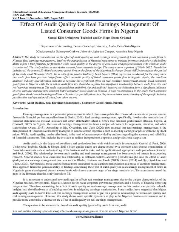 (PDF) Effect Of Audit Quality On Real Earnings Management Of Listed ...