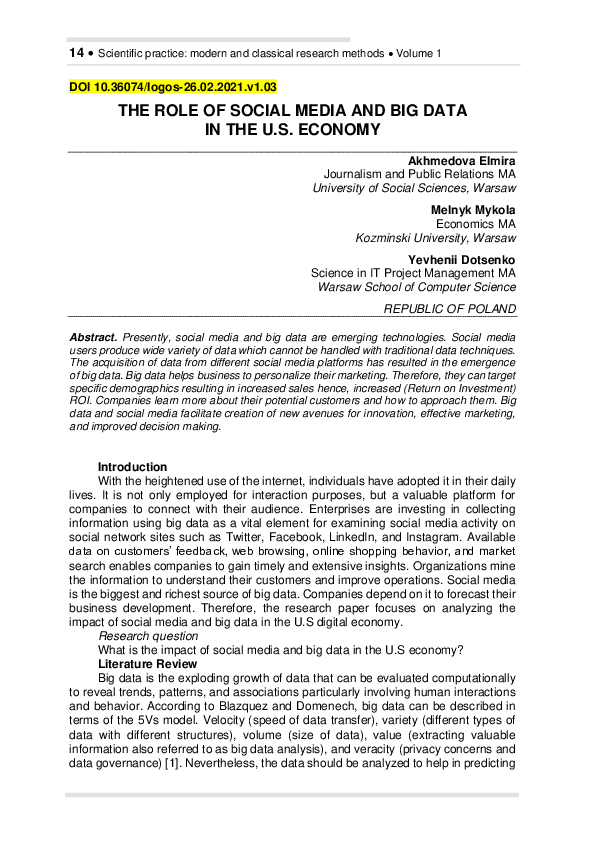 (PDF) The Role of Social Media and Big Data in the U.S. Economy
