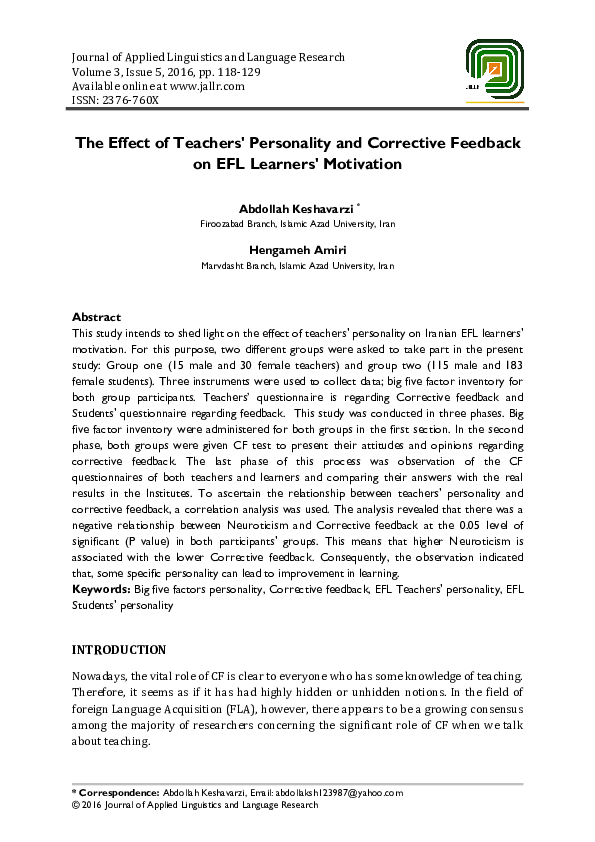 (PDF) The Effect of Teachers' Personality and Corrective Feedback on ...