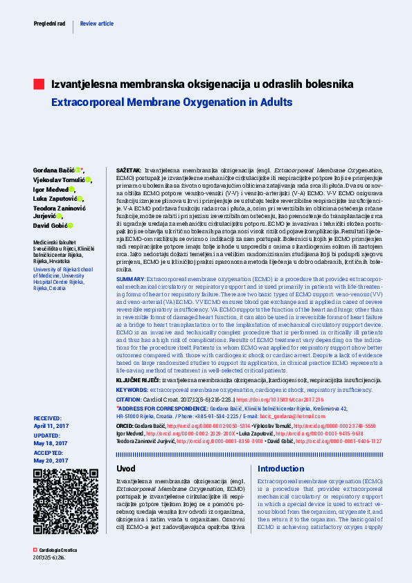 (PDF) Extracorporeal Membrane Oxygenation in Adults