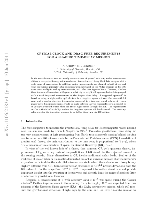 First page of “Optical Clock and Drag-Free Requirements for a Shapiro Time-Delay Mission”