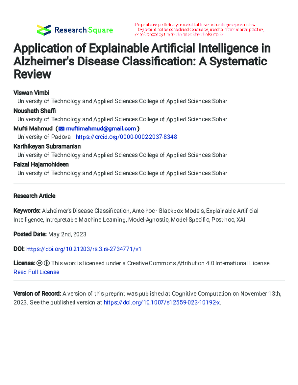 (PDF) Application of Explainable Artificial Intelligence in Alzheimer's ...