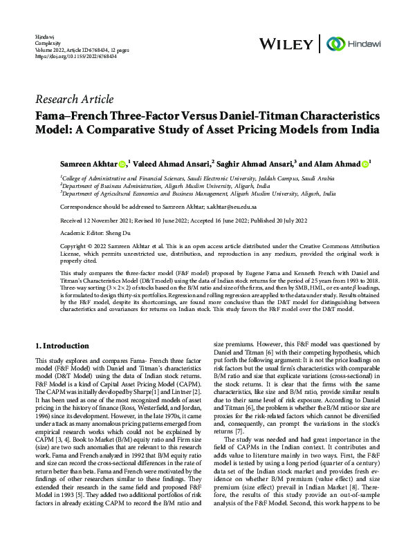 First page of “Fama–French Three-Factor Versus Daniel-Titman Characteristics Model: A Comparative Study of Asset Pricing Models from India”