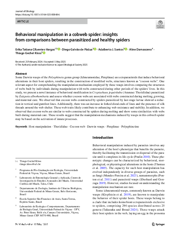 (PDF) Behavioral manipulation in a cobweb spider: insights from ...
