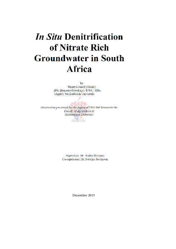 First page of “In situ denitrification on nitrate rich groundwater in South Africa”