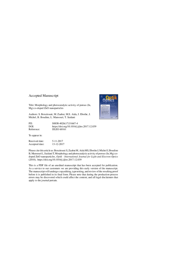 First page of “Morphology and photocatalytic activity of porous (In, Mg) co-doped ZnO nanoparticles”