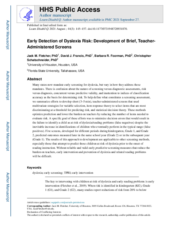 (PDF) Early Detection of Dyslexia Risk: Development of Brief, Teacher ...