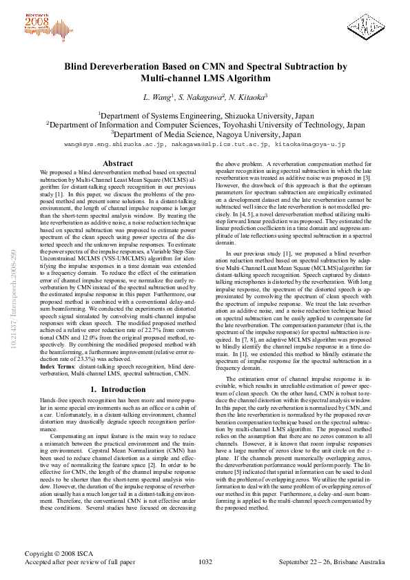 (PDF) Blind dereverberation based on CMN and spectral subtraction by ...