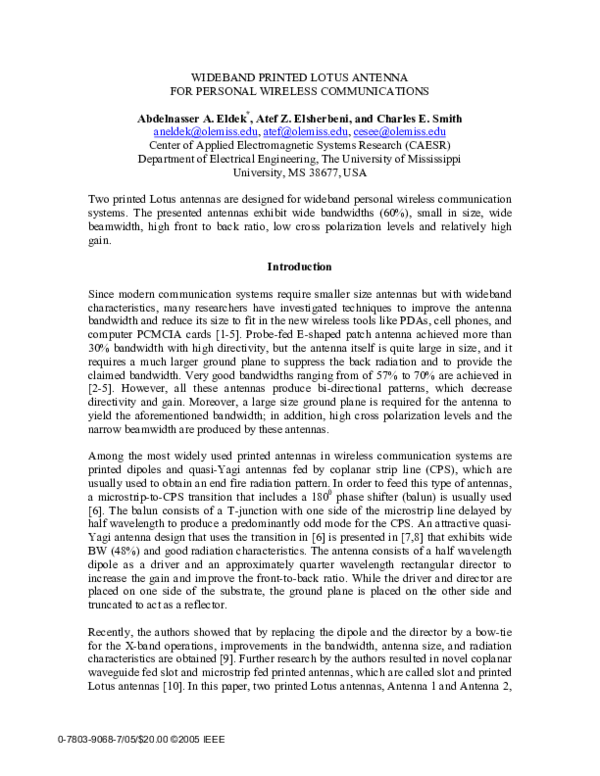 (PDF) Wideband Printed Lotus Antenna For Personal Wireless Communications