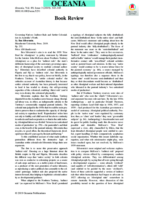 First page of “Governing Natives: Indirect Rule and Settler Colonialism in Australia's North – By Ben Silverstein”