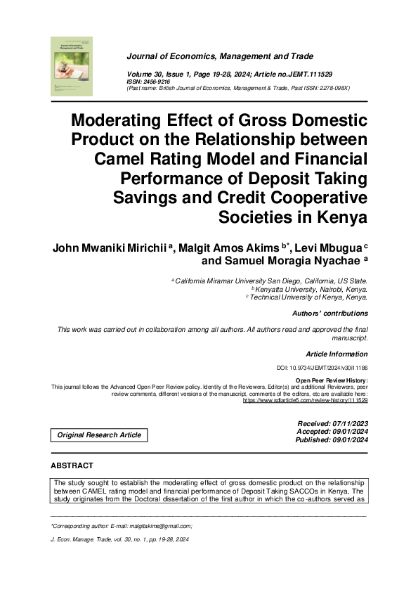 First page of “Moderating Effect of Gross Domestic Product on the Relationship between Camel Rating Model and Financial Performance of Deposit Taking Savings and Credit Cooperative Societies in Kenya”