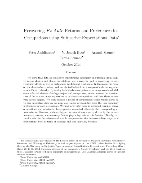 First page of “Recovering Ex Ante Returns and Preferences for Occupations Using Subjective Expectations Data”