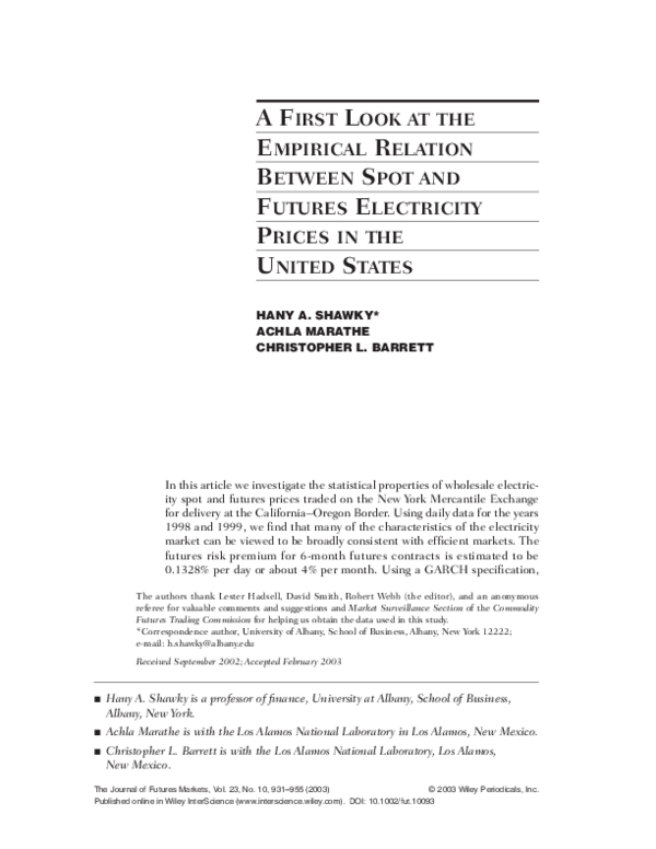 First page of “A first look at the empirical relation between spot and futures electricity prices in the United States”