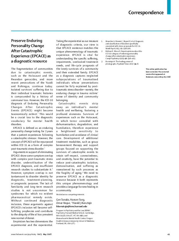 First page of “Preserve Enduring Personality Changes After Catastrophic Events (EPCACE) as a diagnostic resource”