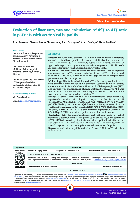 (PDF) Evaluation of Liver Enzymes and calculation of AST to ALT ratio ...