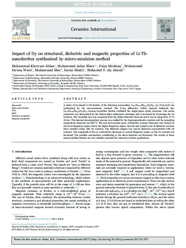 (PDF) Impact of Dy on structural, dielectric and magnetic properties of ...