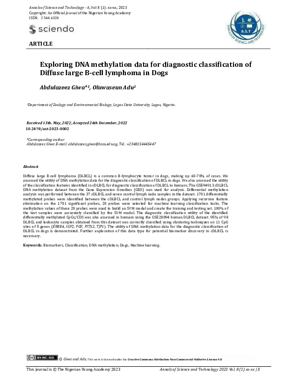 (PDF) Exploring DNA methylation data for diagnostic classification of ...