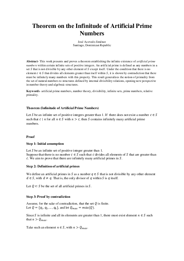 (PDF) Theorem on the Infinitude of Artificial Prime Numbers