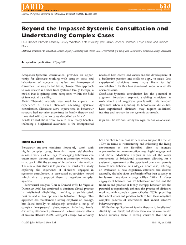 (PDF) Beyond the Impasse? Systemic Consultation and Understanding ...