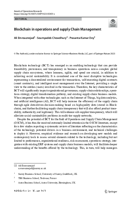 (PDF) Blockchain in operations and supply Chain Management