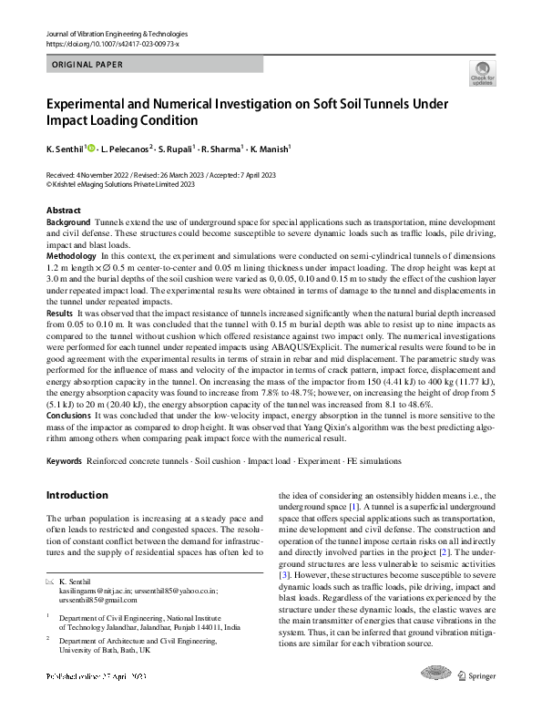(PDF) Experimental and Numerical Investigation on Soft Soil Tunnels ...