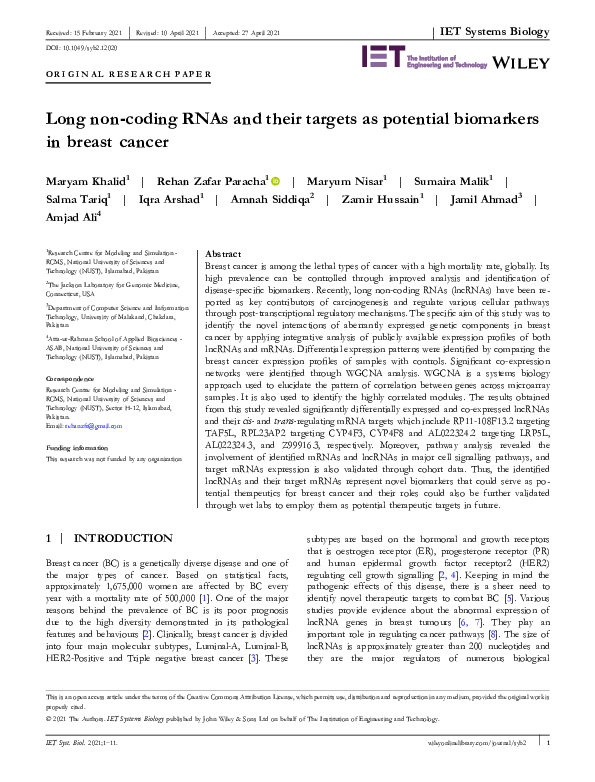 (PDF) Long non‐coding RNAs and their targets as potential biomarkers in ...