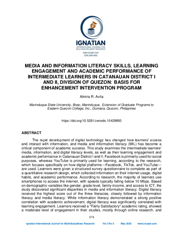 (PDF) MEDIA AND INFORMATION LITERACY SKILLS, LEARNING ENGAGEMENT AND ...