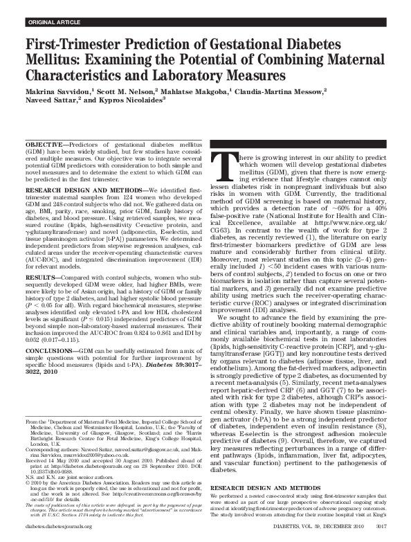 (PDF) First-Trimester Prediction of Gestational Diabetes Mellitus ...
