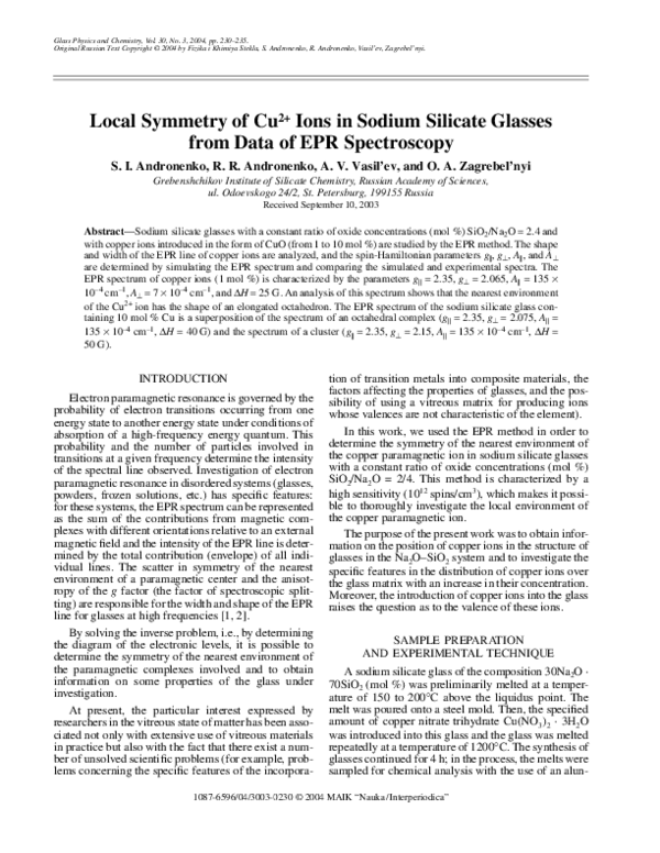 (PDF) Local symmetry of Cu2+ ions in sodium silicate glasses from data ...